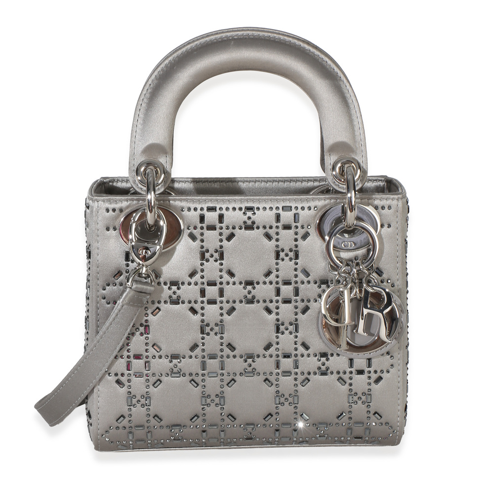 Christian Dior Grey Satin Crystal Cannage Mini Lady Dior Bag